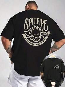Cute Unisex Premium Casual T-Shirts - SPITFIRE Men's Graphic Tee - Bold "Burns For Life" Flame Design - Contrasting Black And Red - Breathable Everyday T-Shirt - Regular Fit Casual Tee For Parties And Outings - Bold Fire-Themed Clothing, PLUS SIZES, Clothing For Tall And Large Men, Clothing For Big And Tall Men, Tall And Large Men - 黑色 2 - 查看 2