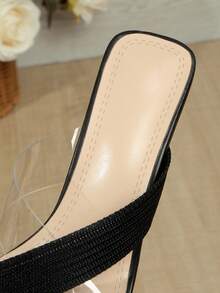 Women Heel Pointed Peep Open Toe Slip On Sexy Heeled Sandals Low Heel Mules For Party Wedding Summer - Black - View 8