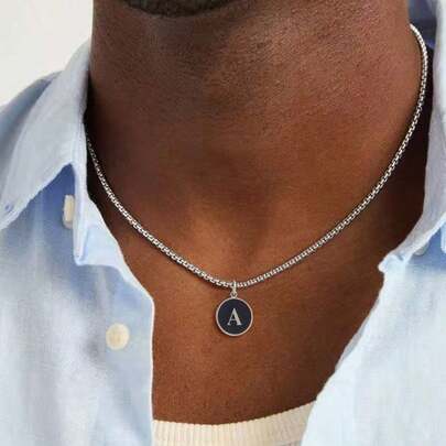 1pc New Circular Initial Pendant Silvery Stainless Steel Chain Necklaces For Men