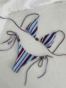 New Women's Casual Elegant Sexy Blue Striped Print Bikini Set, Suitable For Beach, Vacation, Date, Party In Spring/Summer - Multicolor - View 1