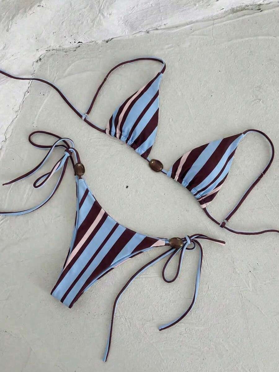 New Women's Casual Elegant Sexy Blue Striped Print Bikini Set, Suitable For Beach, Vacation, Date, Party In Spring/Summer - Multicolor - View 1