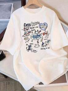 Chapellee Women's Short Sleeve T-Shirt With Kitten Phrases, White, Short Sleeve, With Kitten Paw Print And Bone Design Collar, Soft, Breathable, Preppy Style, Casual, Loose Fit, Unisex, Machine Washable, Lover210g, 100% Cotton, Designs Are Printed. Unisex. Leisure - 白色 - 查看 1