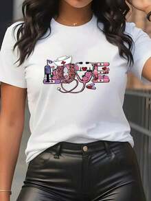 TrendyWomen Cartoon Graffiti Design Short Sleeve T-Shirt With Round Neck, Casual Sporty Style, Soft, Breathable, Printed, Long Sleeve For Autumn/Winter, Eye-Catching, Fashionable And For Everyday Wear. - 白色 - 查看 7
