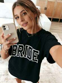 New 2026 Collection: Cotton T-Shirt For Bride, Minimalist T-Shirt For Bride, Wedding, Bachelorette Party, Aesthetic T-Shirt For Bride 3XL, Classic Thick Cotton Short Sleeve Graphic Print T-Shirt For Bachelorette Party, Casual Short Sleeve Top For Women, Short Sleeve Sports T-Shirt. - 黑色 - 查看 6