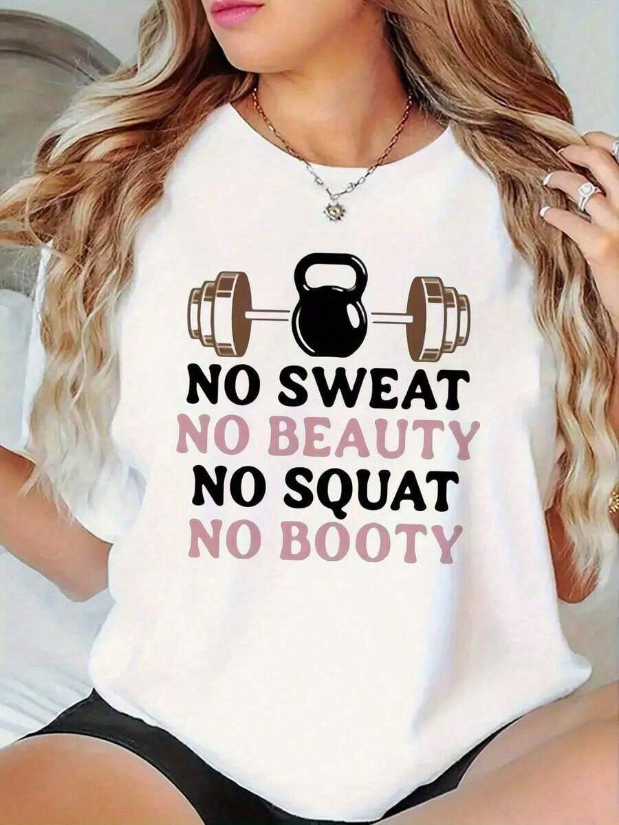 Women's Gym Essential T-Shirt - No Sweat No Beauty, No Squats No Glutes - Inspirational T-Shirt For Fitness Enthusiasts - 白色 - 查看 1