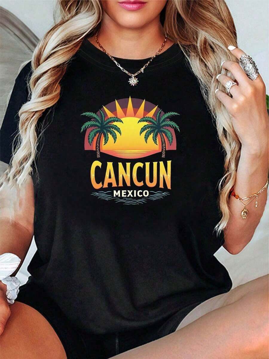 100% Cotton. Women's Short-Sleeved, Crew-Neck T-Shirt With A Cancun, Mexico Print, Perfect For Casual Outings, Vacations, Holiday Gifts, And Get-Togethers With Friends. Women's Simple Solid Color T-Shirt, Loose And Slim Fit, Casual Short Sleeve - 黑色 - 查看 1