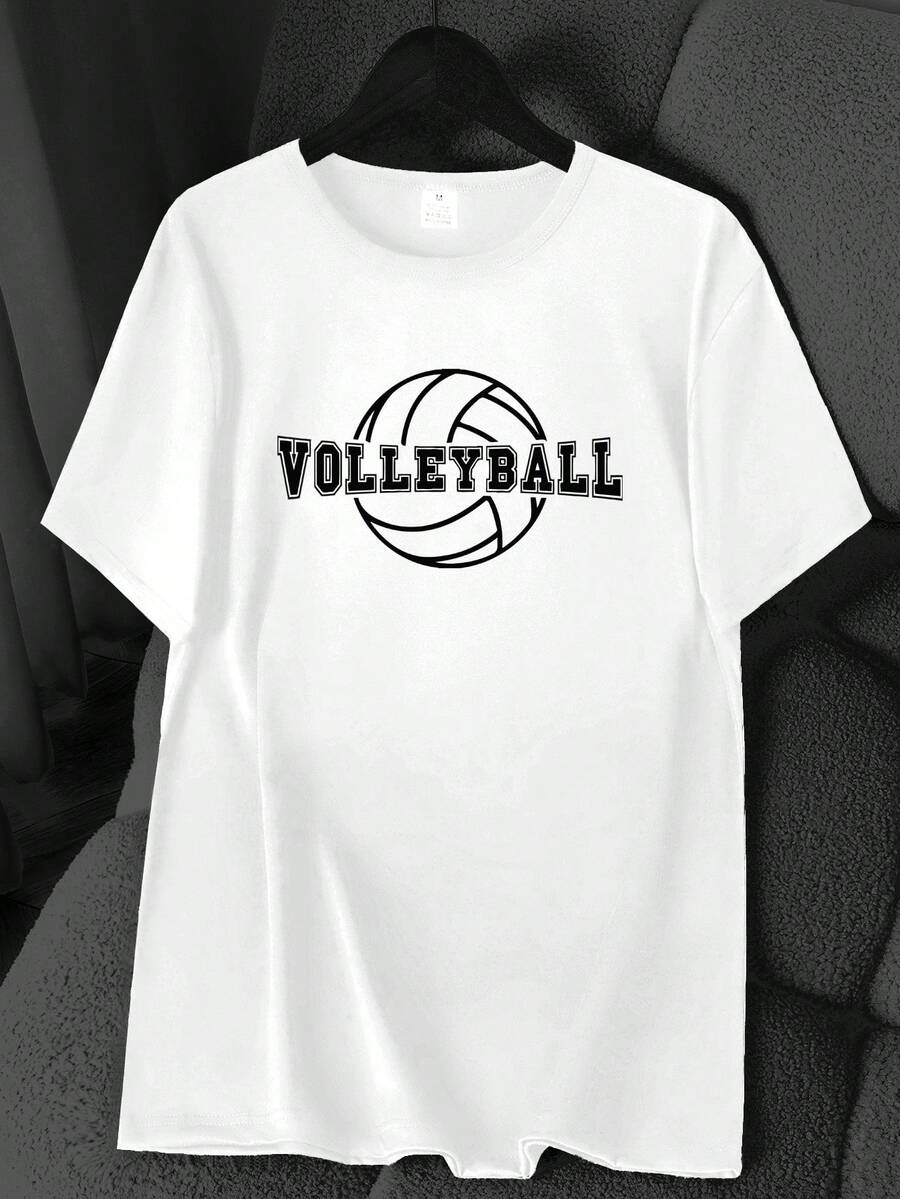 Minimalist Volleyball Print T-Shirt. Available In 6 Colors, Short Sleeves, Round Neck, High-Stretch Casual Sports Top. Machine Washable. Suitable For Spring And Summer. Can Be Worn In All Seasons. Women's Clothing. Elegant Party Outfit, Stylish Ladies' T-Shirt, Blouses Suitable For Curvy Women, Casual Wear, Cool And Breathable Summer Wear, Fun Letter Print. - 白色 - 查看 1