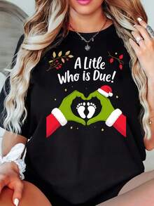 Women's Christmas Maternity Short-Sleeved T-Shirt With Baby Christmas Print, Casual Black Round Neck T-Shirt, Elastic, Machine Washable, Suitable For Spring/Summer/Autumn. - 黑色 - 查看 6