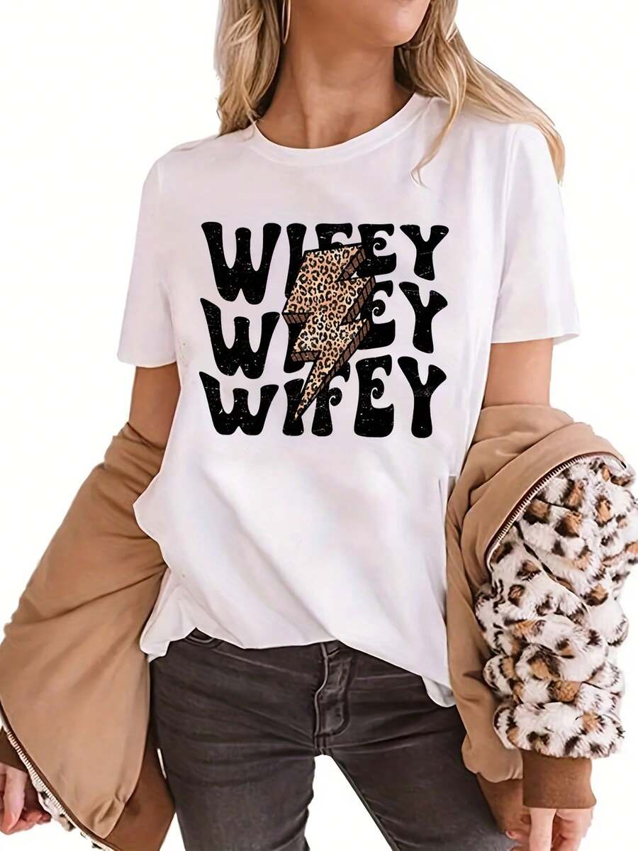 Round Neck T-Shirt With Leopard Print Lightning Bolt, Casual Short Sleeve T-Shirt For Spring And Summer, Women's Clothing - White - View 1