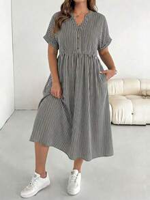 Vestido de Verano Casual a Rayas con Cuello Recortado y Manga Corta Talla Grande - Azul y blanco - Ver 6