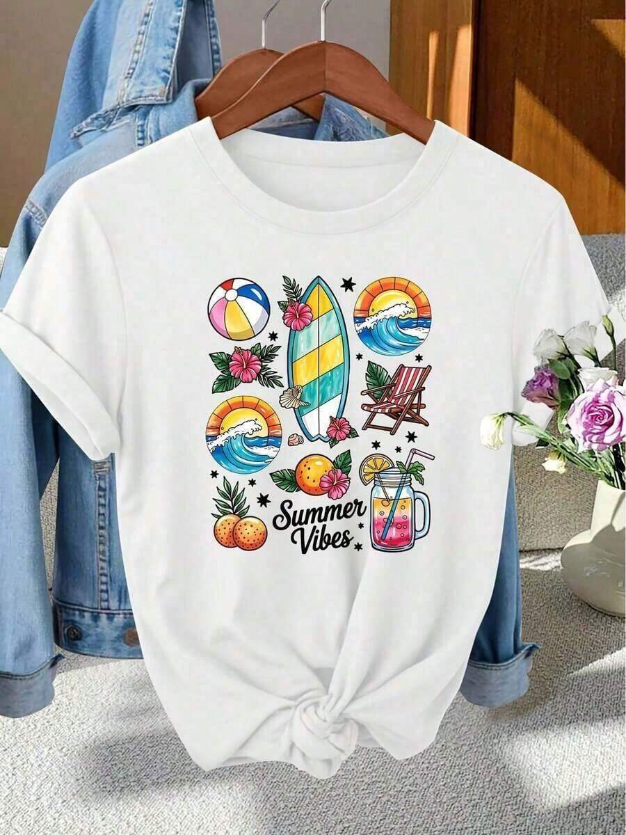 Retro Print,Vintage Print,90s Print/Summer Outfits For Women - Women's Vintage T-Shirt - Vintage Surfboard Print Short-Sleeve Beach Top, Suitable For Non-Pool Parties And Casual Summer Wear, Machine Washable Spring-Summer Shirt, Elegant Everyday Wear Stretchy T-Shirt 20262026-Canada Day/Pride Month/-Friendly,100% Cotton - 白色 - 查看 1