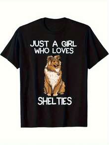 Women's Printed T-Shirt With Border Collie Illustration - Casual Short Sleeve Crew Neck T-Shirt In Black With White Text, Relaxed Fit For All Seasons, Perfect For Everyday Wear Or Holiday Outfits (Machine Washable). - 黑色 - 查看 1