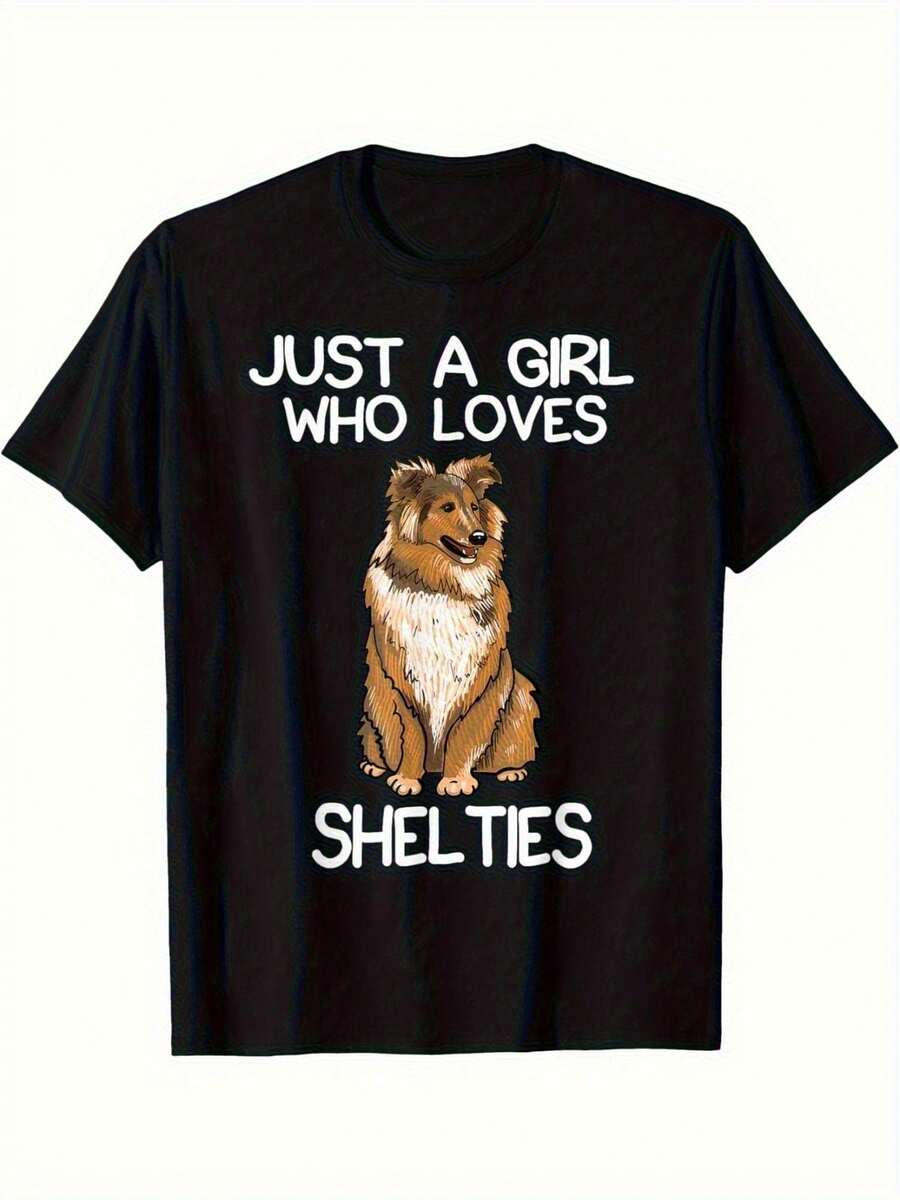Women's Printed T-Shirt With Border Collie Illustration - Casual Short Sleeve Crew Neck T-Shirt In Black With White Text, Relaxed Fit For All Seasons, Perfect For Everyday Wear Or Holiday Outfits (Machine Washable). - 黑色 - 查看 1