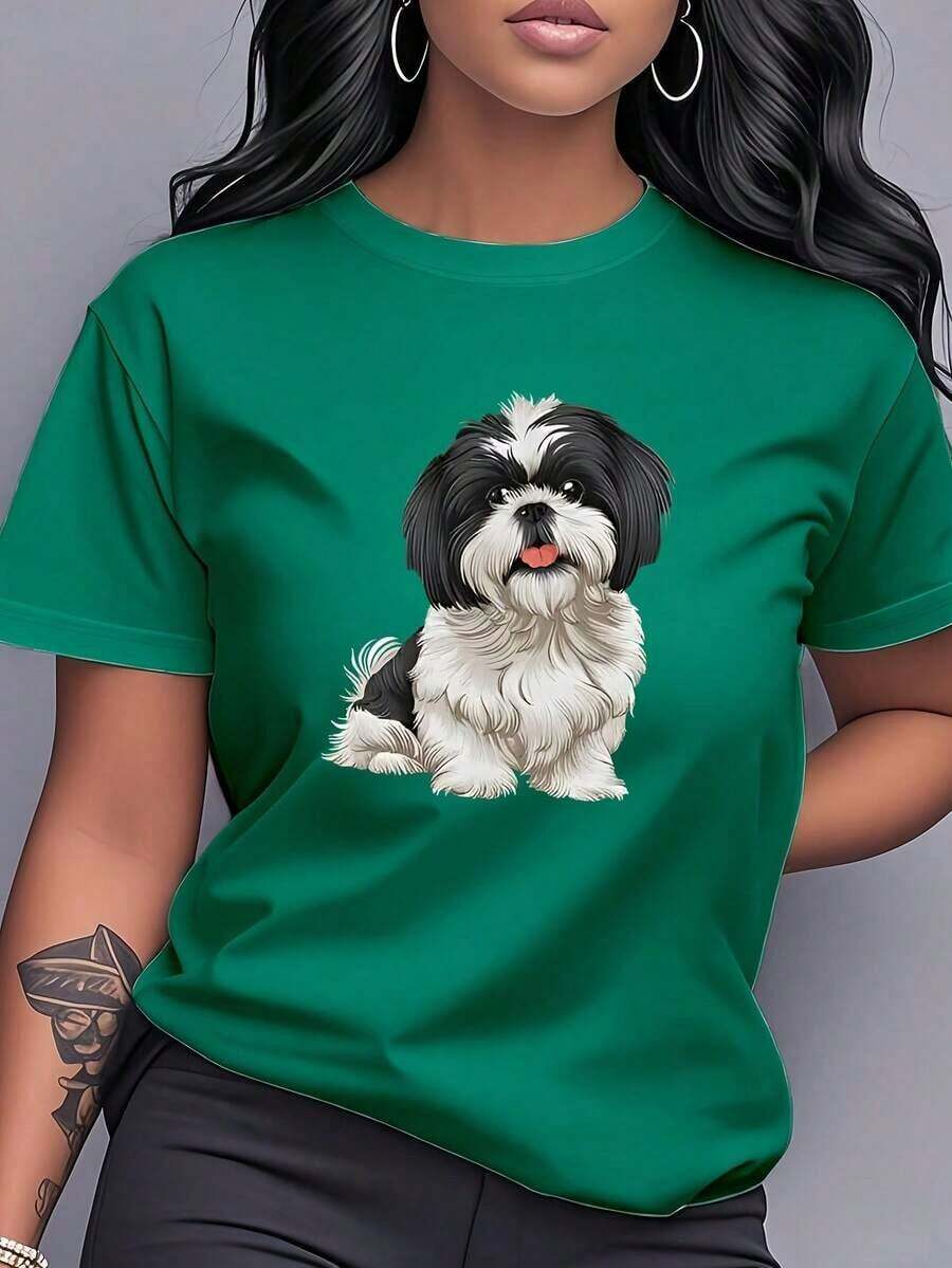 1 Piece Fashion Casual For Men And Women Shih Tzu Dog Print T-Shirt, Short Sleeve, Round Neck, Women's Clothing, Casual And Versatile, Modern And Fashionable, Suitable For Daily Wear, Dates, Casual Wear, And Home Wear. OB6L Is Versatile, Easy To Match, Suitable For Daily Wear, Urban Style, Vacation Outfits, And Weekend Wear. - 深綠色 - 查看 1