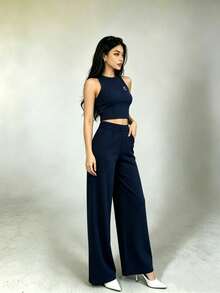 2-Piece Set Of Tank Top And Solid-Color Pants For Casual Holiday Wear - Navy Blue - View 4