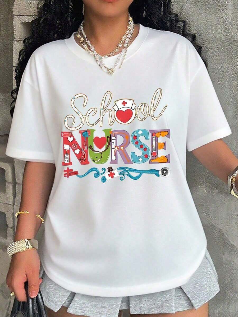 Women's T-Shirt, School Nurse T-Shirt For Women, Plus Size, Gift For Medical Workers, Professional Pride Clothing For Nurses With Fun Design And Colorful Lettering, Perfect For School Health Professionals - 白色 - 查看 1