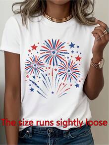 Camiseta Deportiva Casual para Mujer con Diseño de Fuegos Artificiales - Camiseta Blanca Elástica de Cuello Redondo, Lavable aáquina, Ajuste Cómodo y Perfecta para Todas las Estaciones, para el Ocio y Celebraciones. - Blanco - Ver 7