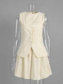 Two-Piece Set For Women, Fitted Vest-Style Sleeveless Top With Front Buttons And Mandarin Collar, High Pleated Pencil Skirt, Cream Color, Linen Texture, Elegant And Cool Korean Style, Ideal For Summer Vacation, Picnic And Outdoor Events. - 杏色 - 查看 6