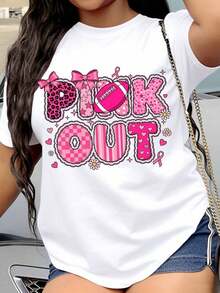 Pink Women's T-Shirt With Heart Print And Leopard Stripes For Breast Cancer Awareness And Support Events. - 白色 - 查看 1