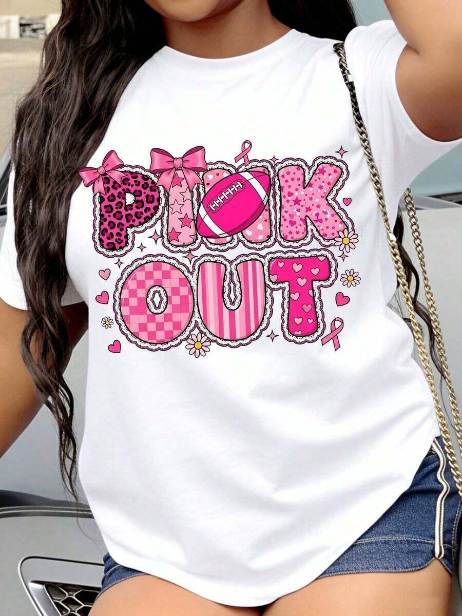 Pink Women's T-Shirt With Heart Print And Leopard Stripes For Breast Cancer Awareness And Support Events. - 白色 - 查看 1