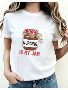 Women's "The Nurse Is My Love" T-Shirt, Fun Nurse Outfit With Jam Jar Print, Casual Short Sleeve Crew Neck Top, Suitable For Nurse Week, Summer Clothes, Durable Printed Nurse T-Shirt 01, Women's All Season Crew Neck Printed Top, Crew Neck, 100% Cotton, Soft Fabric, Short Sleeve - 白色 - 查看 6
