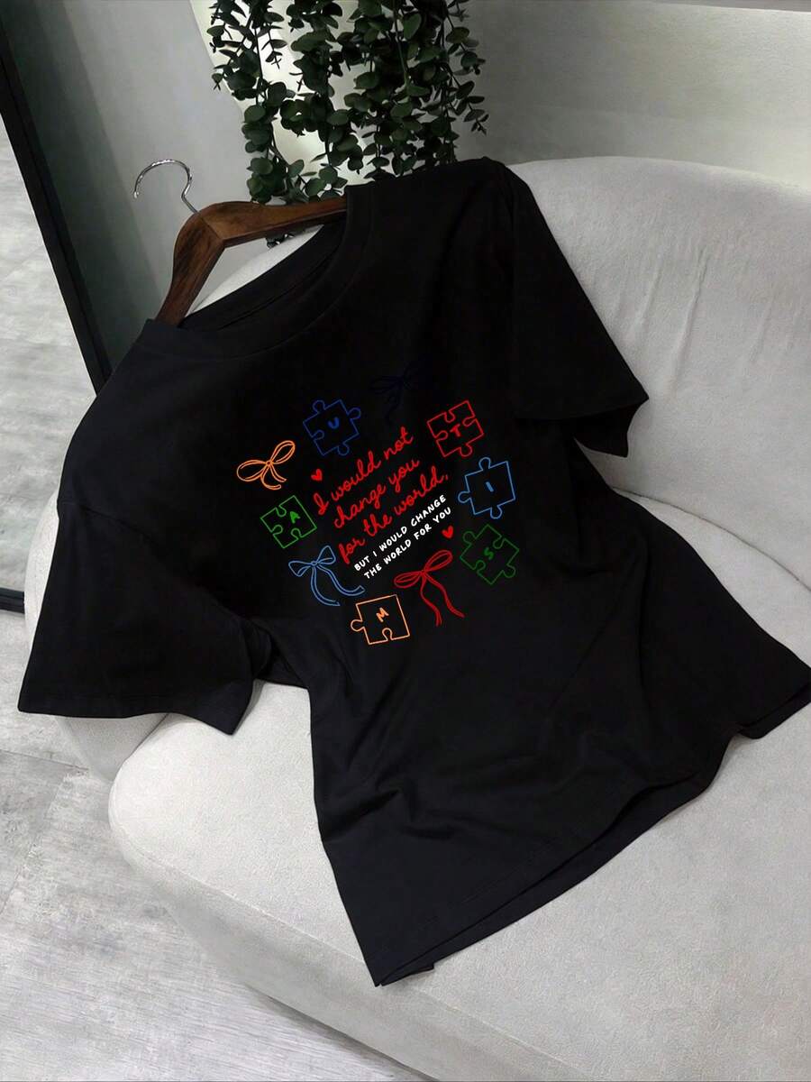 Women's T-Shirt "I Wouldn't Trade You For Anything" - Autism Awareness Clothing For Mothers, Casual Round Neck T-Shirt, Suitable For Summer, Daily Wear, Going To Work And For Holiday Outfits - Machine Washable, Specially Designed For Mothers Of Children With Autism. - 黑色 - 查看 1
