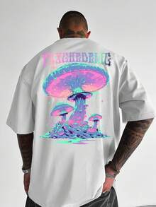 Men's Fashionable Print Crew Neck Short Sleeve T-Shirt, Plus Size, 2026, Featuring A Vibrant And Fantastic Mushroom And Letter Design – An Artistic Garment Ideal For Stylish Men To Wear To Exhibitions. - 白色 - 查看 8