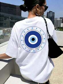 1 pieza CHICLY19 Camiseta de Mujer 100% Algodón con Estampado de Ojo Turco - Camiseta Negra de Manga Corta con Estampado Circular de Ojo Turco Azul y la Frase "Good Vibes Only", Diseño de Símbolo de Protección Espiritual. Camiseta de algodón suave de corte holgado, ropa casual de calle para todas las estaciones, ideal para uso diario, vacaciones, reuniones, escuela y para estar en casa. Camiseta Popular de Estilo Boho con Temática Espiritual, Corte Cómodo y Relajado, Perfecta para Adolescentes, Jóvenes Adultos y Entusiastas del Estilo Boho. 180g 100% Algodón - Blanco - Ver 7