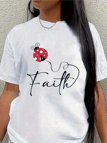 Women's Casual Short Sleeve T-Shirt - Stylish Ladybug & Faith Graphic Print, Black With Red/White Details, Soft And Stretchy Fabric, Crew Neck, Machine Washable, All-Season Comfort, Women's T-Shirts, Non-See-Through Material, Casual Activewear And Vacation Wear - 白色 - 查看 2