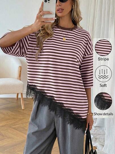 Women's Casual Striped Asymmetric Hem Lace Patchwork Short Sleeve T-Shirt