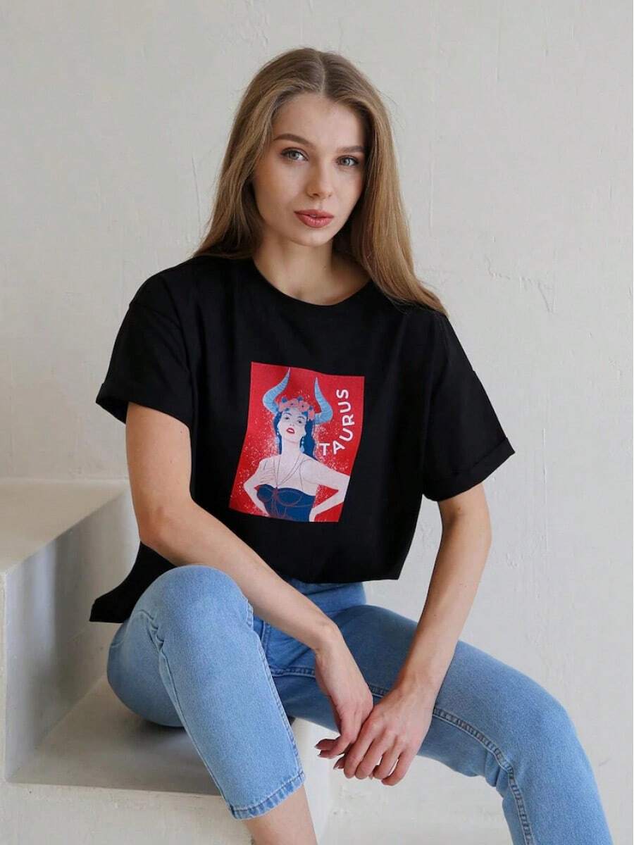 Zodiac T-Shirt: Pure Cotton Taurus T-Shirt, Suitable For Zodiac Enthusiasts, All Zodiac T-Shirts, Zodiac Horoscope T-Shirts. - 黑色 - 查看 1