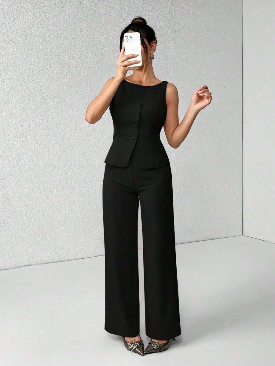 PETITE Conjunto de chaleco y pantalones de un solo pecho de unicolor con cuello redondo, elegante traje de oficina para mujer, ropa de mujer de verano y otoño, conjunto de oficina, ropa casual de negocios, conjunto de dos piezas, ropa de oficina de otoño para mujer, conjunto de blazers para mujer - Negro - Ver 1