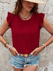 Frenchy Blusa de verano para mujer con volantes y cruce de tirantes en la espalda en color liso - Rosa Roja - Ver 2