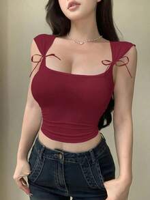 Designer Camiseta ajustada con cuello cuadrado envuelto y diseño de moda para salir en verano, tops lindos - Burdeos - Ver 6