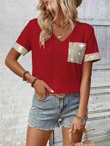 LUNE Camiseta de mujer casual de manga corta con cuello en V, parches y lentejuelas - Burdeos - Ver 6