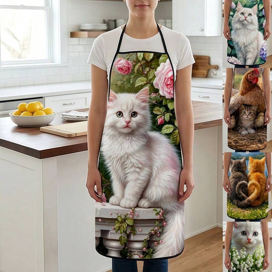 1 pieza, Delantal de poliéster con diseño de gato cocinero y girasol, adecuado para cocinar, hornear y jardinería - se puede usar como atuendo para la cocina y el comedor - Multicolor - Ver 1
