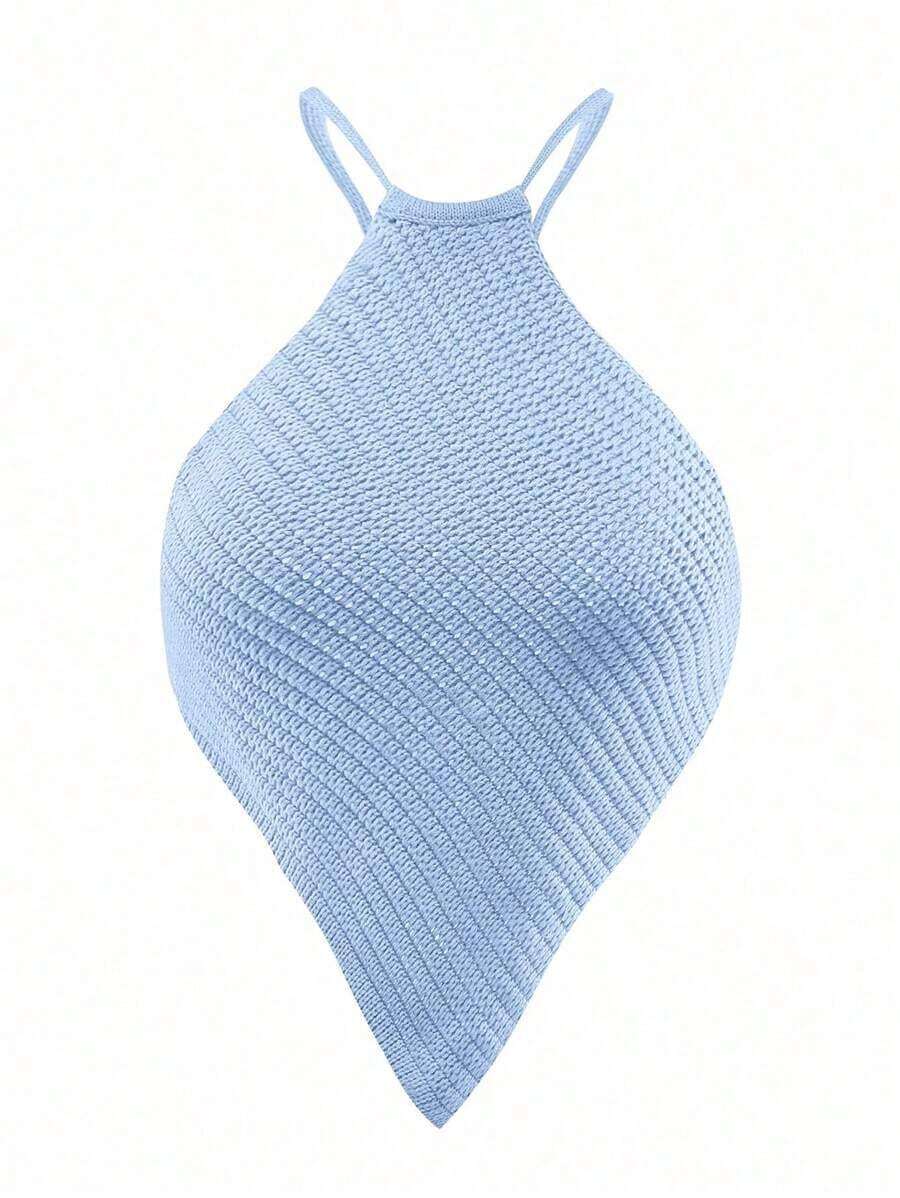 Blusa de punto de mujer de verano con cuello halter, dobladillo asimétrico y unicolor - Celeste - Ver 1