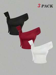 3 piezas Blusas de hombro asimétrico para mujer para festivales de música de verano - Multicolor - Ver 11