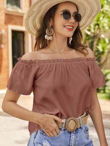 Blusa de hombros descubiertos ribete fruncido - Rosa vieja - Ver 6