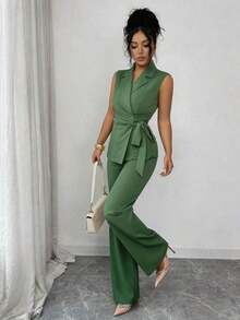 Conjunto elegante y romántico de blazer y corbata de moño para vacaciones y oficina para mujeres - Verde Oscuro - Ver 1