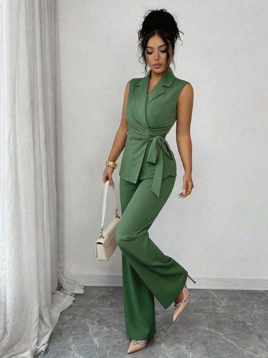Conjunto elegante y romántico de blazer y corbata de moño para vacaciones y oficina para mujeres - Verde Oscuro - Ver 1