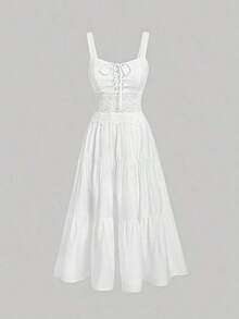 MOD Vestido de tirantes unicolor con cordón bajo con fruncido - Blanco - Ver 5