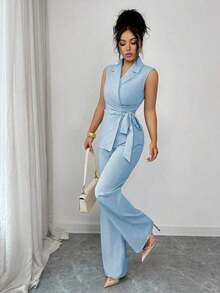Conjunto elegante y romántico de blazer y corbata de moño para vacaciones y oficina para mujeres - Azul - Ver 7