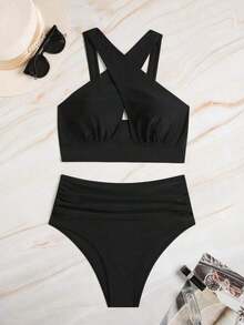 Set de 2 piezas de traje de baño de moda sexy con cuello cruzado hueco y cordón - Negro - Ver 3