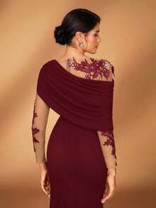 Elegante y romántico vestido de lujo de punto elástico verde oliva con contraste de malla, volante asimétrico en el hombro, ajustado y con bajo de cola de pez, adecuado para fiesta de noche, cita, baile de graduación, boda, luna de miel - Burdeos - Ver 2