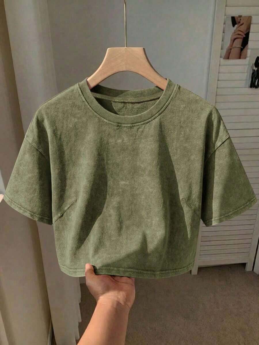 Camiseta básica de manga corta de 100% algodón lavado, verde oliva - Verde militar - Ver 1