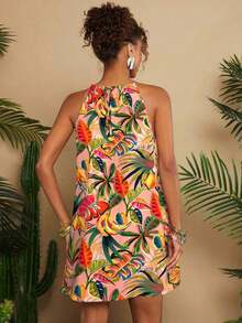 Vestido corto holgado con hombros al descubierto y estampado tejido para mujeres para vacaciones - Rosa - Ver 6