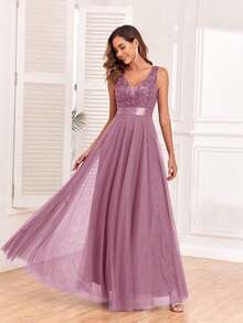 Vestido de dama de honor formal de línea A con escote en V sin mangas, bordado y de malla, vestido de fiesta elegante, vestido de invitado de boda formal, vestido de ceremonia de graduación, vestido de noche de primavera - Rosa vieja - Ver 4