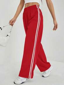 Pantalones casuales con rayas laterales negras, de estilo simple y de moda para uso diario, graduación, maestros y vuelta al colegio para mujeres - Rojo - Ver 6