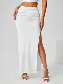 Falda negra de mujer con pliegues y abertura lateral para fiesta - Blanco - Ver 1